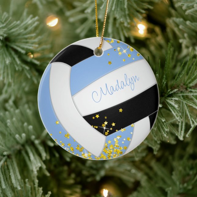 pretty light blue black volleyball gold stars ceramic ornament (Tree)