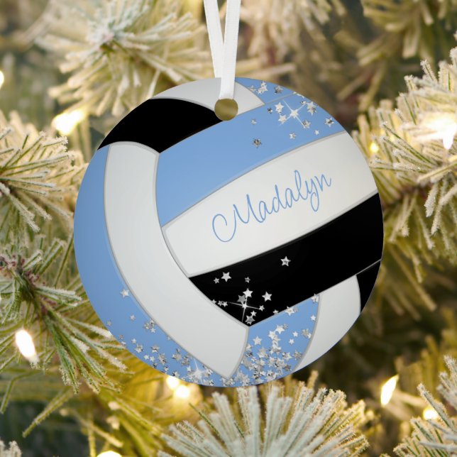 pretty light blue black volleyball silver stars metal ornament (Insitu)