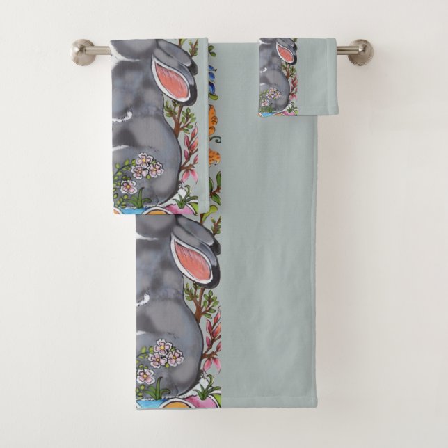 Pretty Light Blue Bunny Rabbit Bird Floral Cute Bath Towel Set (Insitu)