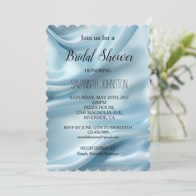 Pretty Light Blue Faux Satin Bridal Shower Invitation (Standing Front)