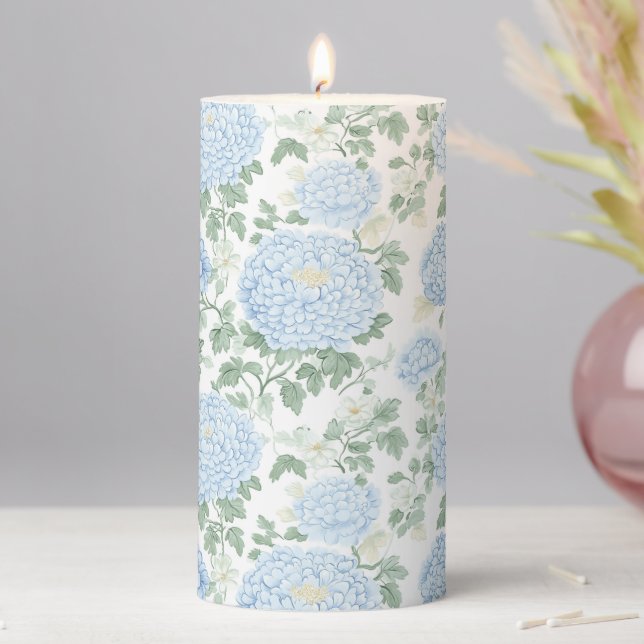 Pretty Light Blue Floral Wedding Pillar Candle (In Situ)