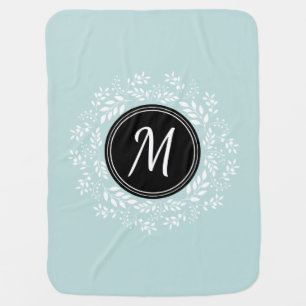 Pretty Light Blue Floral Wreath Custom Monogram Swaddle Blanket