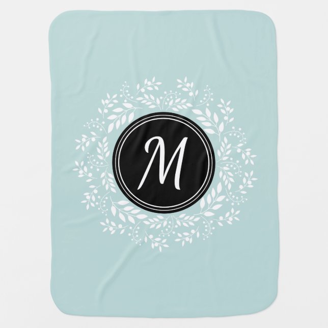Pretty Light Blue Floral Wreath Custom Monogram Swaddle Blanket (Front)