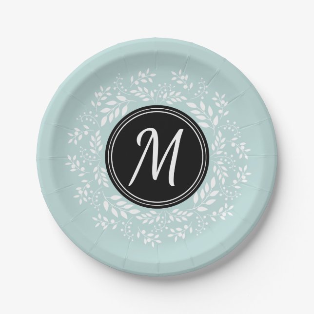 Pretty Light Blue Floral Wreath Personalized Paper Plates (Front)