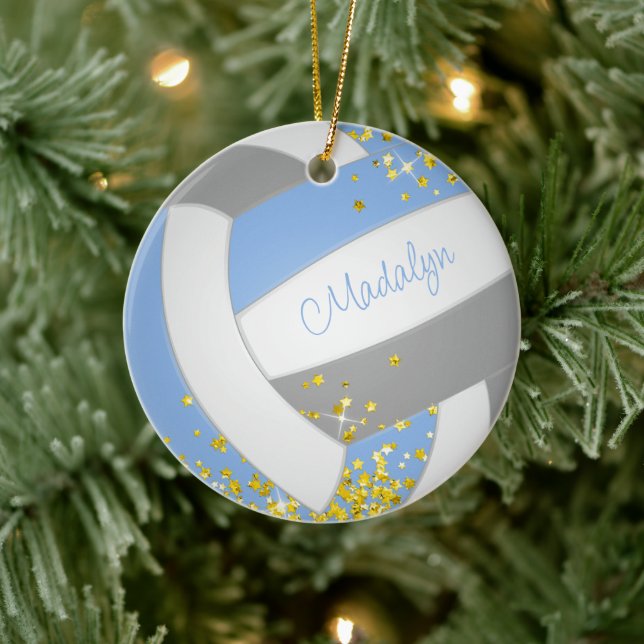 pretty light blue gray volleyball w gold stars ceramic ornament (Tree)