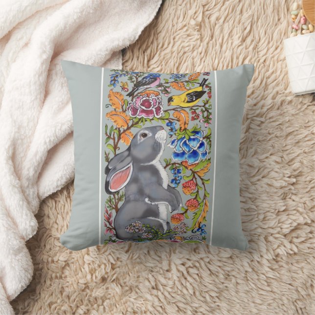 Pretty Light Blue Rabbit Bird Floral Cute Decor Throw Pillow (Blanket)
