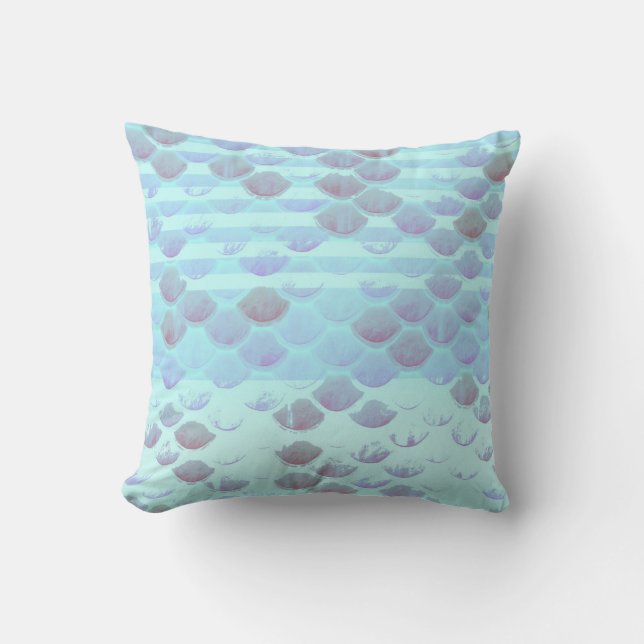 Pretty Light Blue Striped Mermaid Fish Scales Throw Pillow (Front)