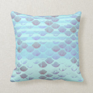 Pretty Light Blue Striped Mermaid Fish Scales Throw Pillow
