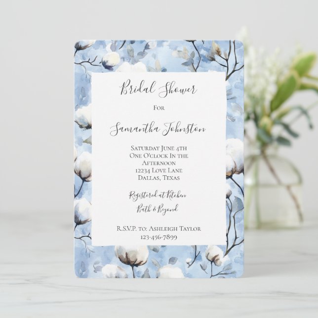 Pretty Light Blue White Floral Bridal Shower Invitation (Standing Front)