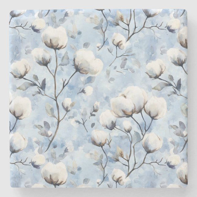 Pretty Light Blue White Floral Stone Coaster (Front)