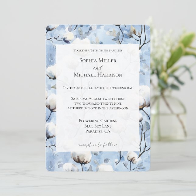 Pretty Light Blue White Floral Wedding Invitation (Standing Front)