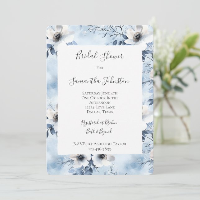 Pretty Light Blue White Flowers Bridal Shower Invitation (Standing Front)