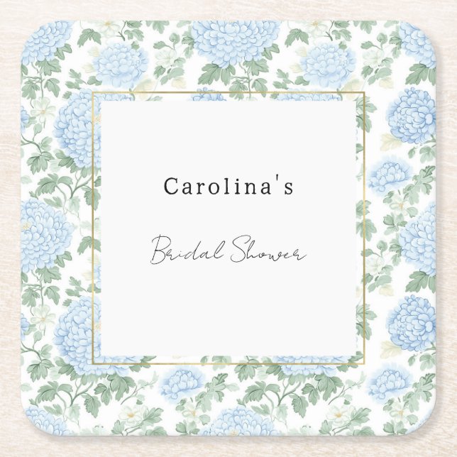 Pretty Light Blue White Flowers Bridal Shower Square Paper Coaster (Front)