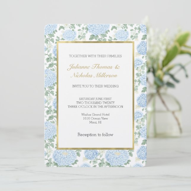 Pretty Light Blue White Flowers Wedding Invitation (Standing Front)