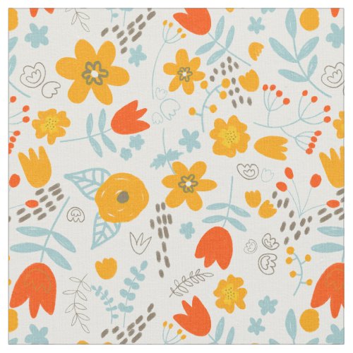 Pretty Light Orange Floral Flowers Pattern White Fabric