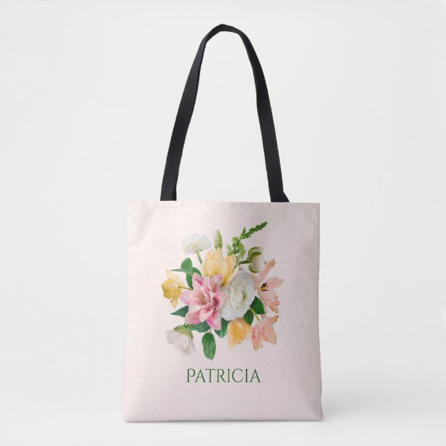 Pretty LIght Peach Spring Floral Personalized Tote Bag (Front)