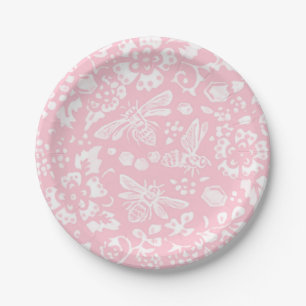 Pretty Light Pink Bee Floral Garden Pattern Paper Plates