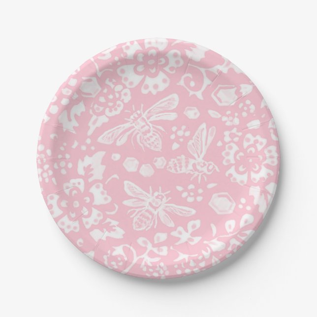 Pretty Light Pink Bee Floral Garden Pattern Paper Plates (Front)