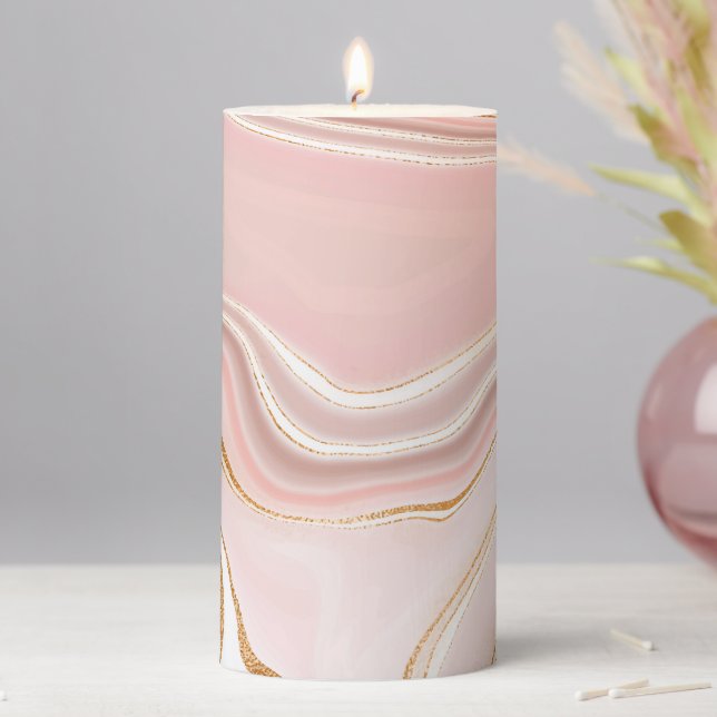 Pretty Light Pink Gold Marble Design Pillar Candle (In Situ)