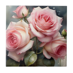 Pretty light pink roses garden watercolor painting ceramic tile