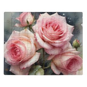Pretty light pink roses garden watercolor painting jigsaw puzzle