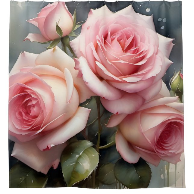 Pretty light pink roses garden watercolor painting shower curtain (Front)