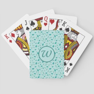 Pretty Light Turquoise Blue with Leaves, Monogram Playing Cards
