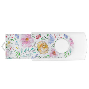 Pretty Light Watercolor Flowers and Buds Pattern Flash Drive