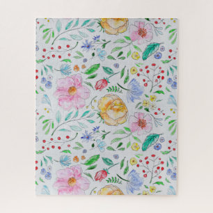 Pretty Light Watercolor Flowers and Buds Pattern Jigsaw Puzzle