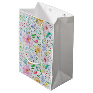Pretty Light Watercolor Flowers and Buds Pattern Medium Gift Bag