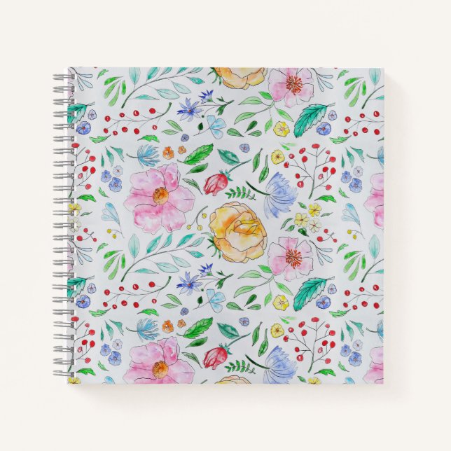 Pretty Light Watercolor Flowers and Buds Pattern Notebook (Front)
