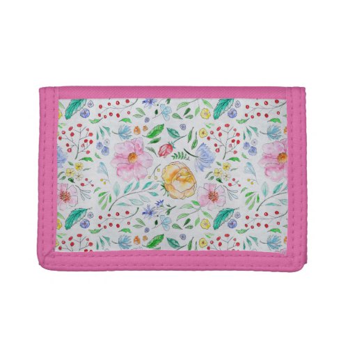 Pretty Light Watercolor Flowers and Buds Pattern Trifold Wallet