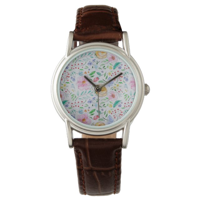 Pretty Light Watercolor Flowers and Buds Pattern Watch (Front)