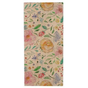 Pretty Light Watercolor Flowers and Buds Pattern Wood Flash Drive