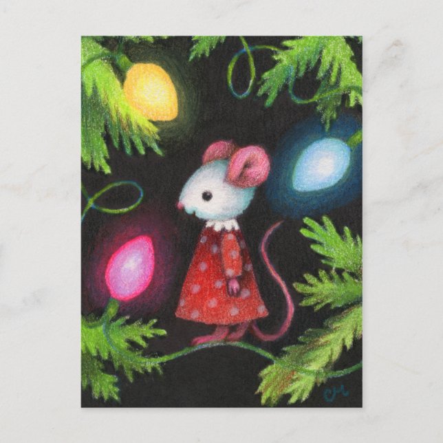 Pretty Lights - Cute Christmas Tree Mouse Art Holiday Postcard (Front)