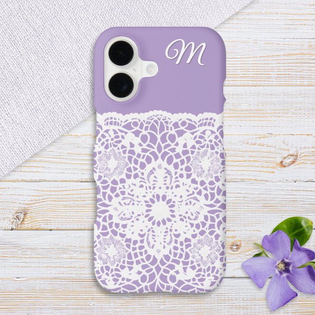 Pretty Lilac and White Lace Monogrammed Case-Mate iPhone Case (A pretty phone case in lilac with white lace effect and custom monogram initial)