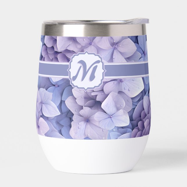  Pretty Lilac Blue  Hydrangea Monogram Thermal Wine Tumbler (Left)