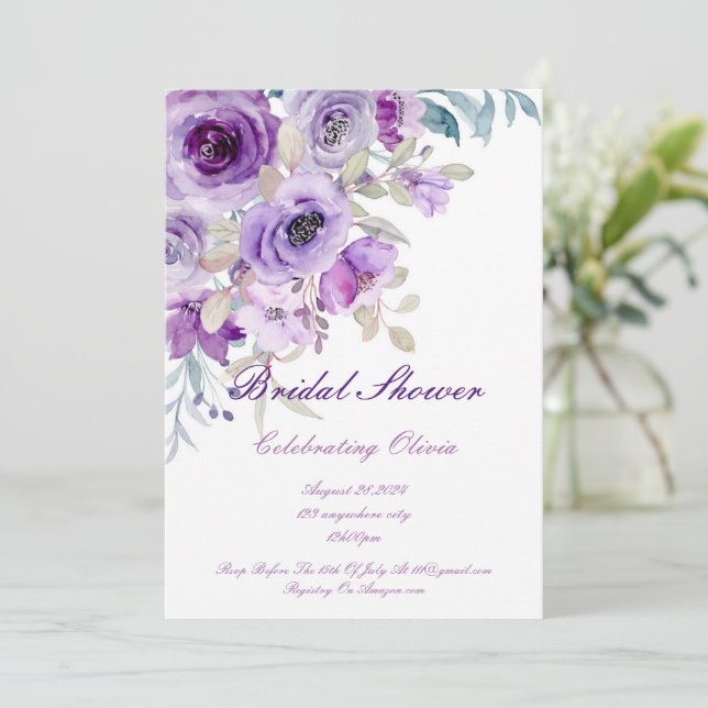 pretty lilac purple bridal shower invitation (Standing Front)
