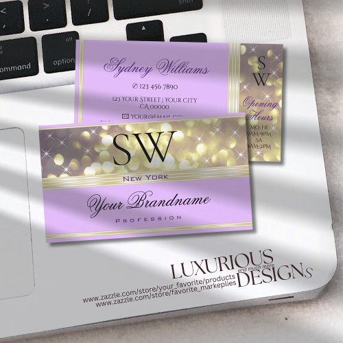 Pretty Lilac Purple Gold Glitter Stars Initials  Business Card