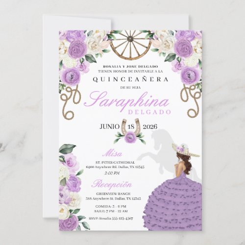 Pretty Lilac Roses Western Cowgirl Quinceaera Invitation