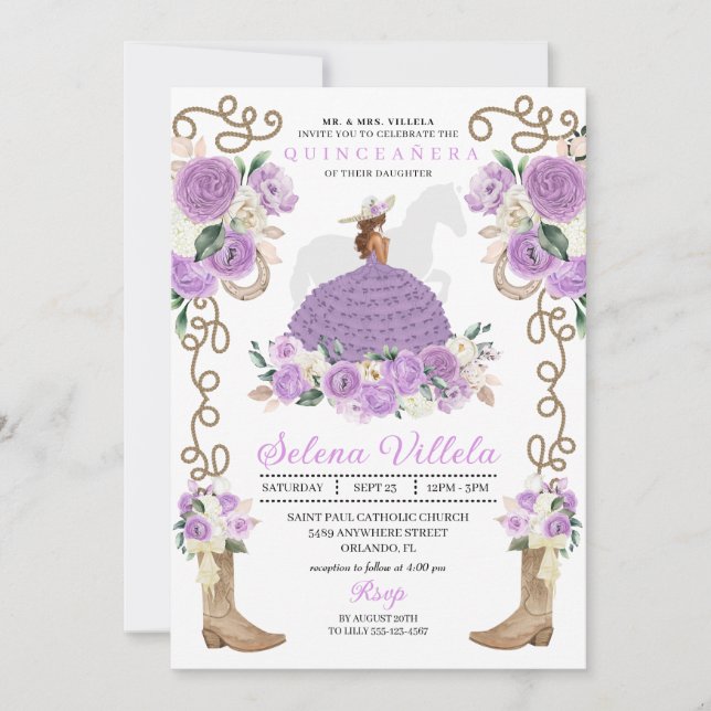 Pretty Lilac Western Mariachi Princess Quinceañera Invitation (Front)
