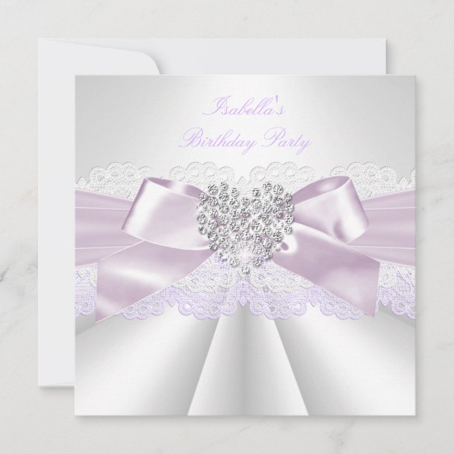 Pretty Lilac White Diamond Heart Birthday Party Invitation (Front)