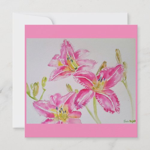 Pretty Lily In Pink Watercolor Painting Flat Card
