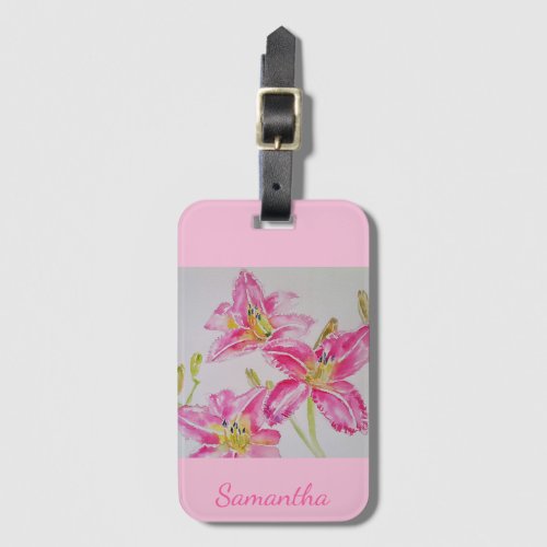 Pretty Lily In Pink Watercolor Painting Girls Name Luggage Tag