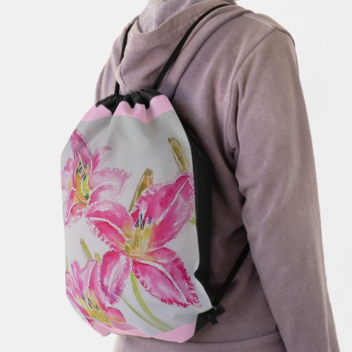 Pretty Lily In Pink Watercolor Painting Lilium Drawstring Bag