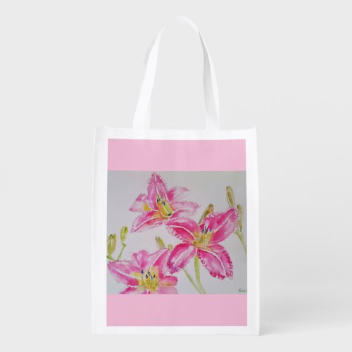 Pretty Lily In Pink Watercolor Painting Lilium Grocery Bag