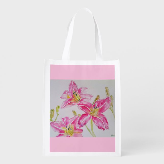 Pretty Lily In Pink Watercolor Painting Lilium Grocery Bag (Back)