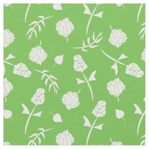 Pretty Lime Green White Roses Rosebud Floral Print Fabric