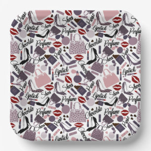 Pretty Lipstick, Perfume, Purse & Shoes Pattern Paper Plates