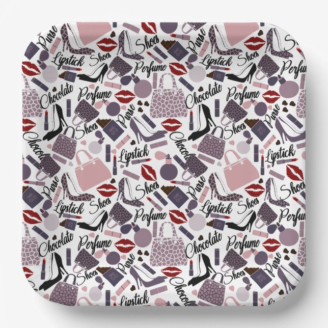 Pretty Lipstick, Perfume, Purse & Shoes Pattern Paper Plates (Front)